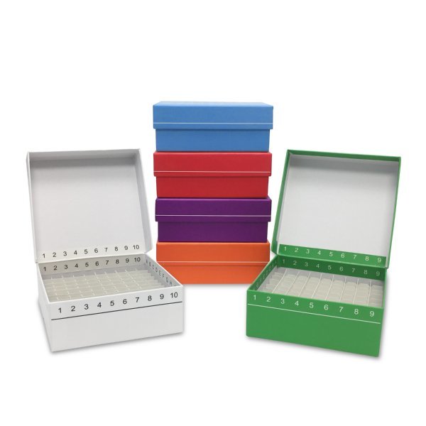 FlipTop™ Carboard freezer box w/ attached hinged lid, 81-place, assorted colors 5/pack